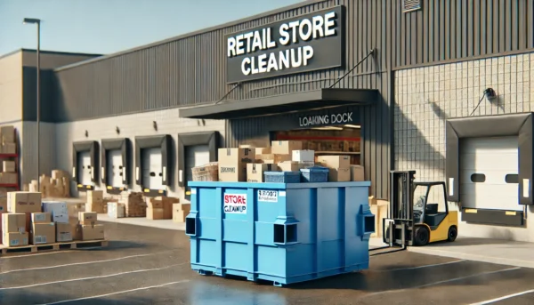 Bright blue retail store cleanup dumpster placed near a commercial building's loading dock, partially filled with inventory boxes and packaging materials.