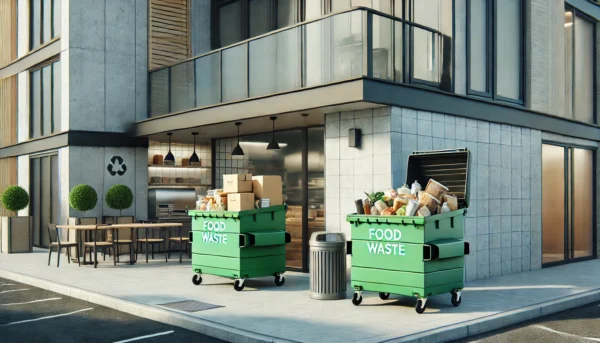 Green restaurant waste management dumpsters labeled 'Food Waste' and 'Recyclables,' placed in a clean loading area behind a modern restaurant