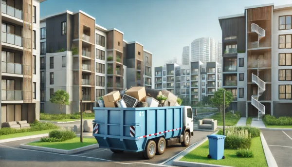 Blue property management dumpster in a residential apartment complex, partially filled with discarded furniture and appliances, surrounded by modern buildings.