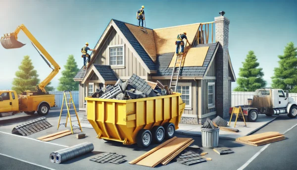 Yellow roofing material dumpster filled with shingles and tiles, placed near a house with roofers working and tools visible in the background