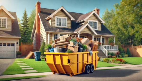 Yellow temporary dumpster placed in a suburban driveway, filled with household waste like furniture, cardboard boxes, and garden debris.