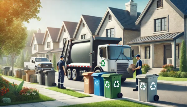 Garbage truck and workers performing scheduled waste pickup in a suburban neighborhood, with color-coded bins for recycling, compost, and general waste.