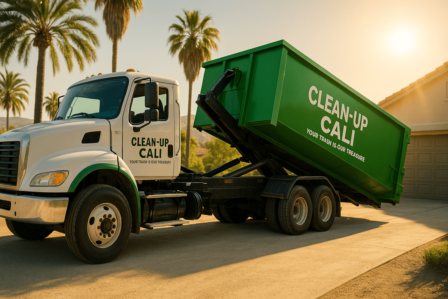 Clean-Up Cali truck hauling debris through Los Angeles on a sunny day.