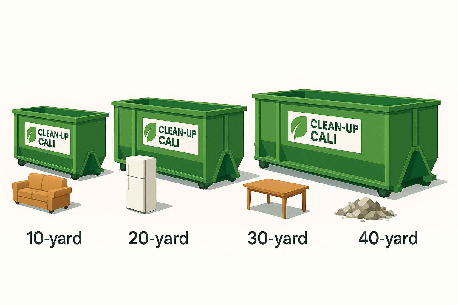 Comparison chart of 10-, 20-, 30-, 40-yard Clean-Up Cali dumpsters.