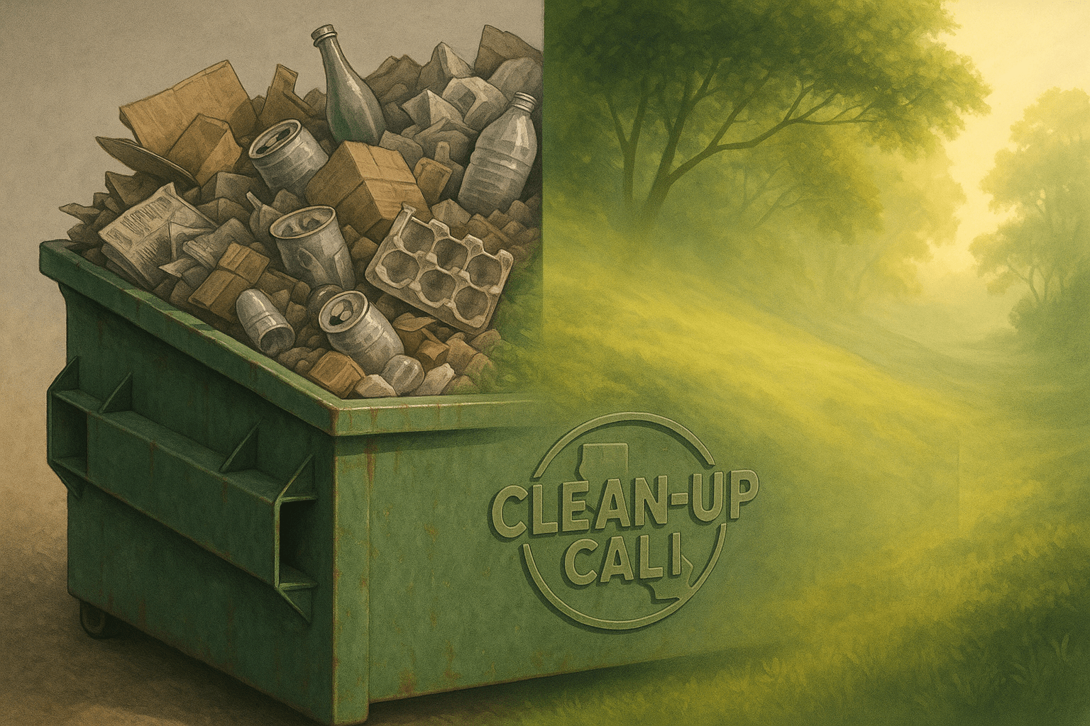 Artistic image of a Clean-Up Cali dumpster set against a green California landscape.